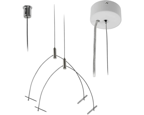 Závěsný systém pro svítidla s ocelovými lanky a upevňovacími prvky