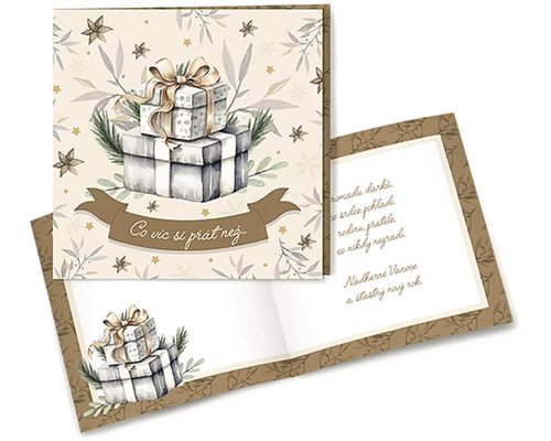 Vánoční přání s motivem hromady dárků