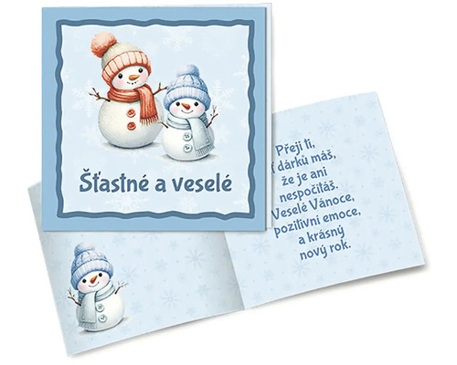 Vánoční minipřání text 10x10cm, MIX Vánoční přání s motivem sněhuláka a vánočními přáními