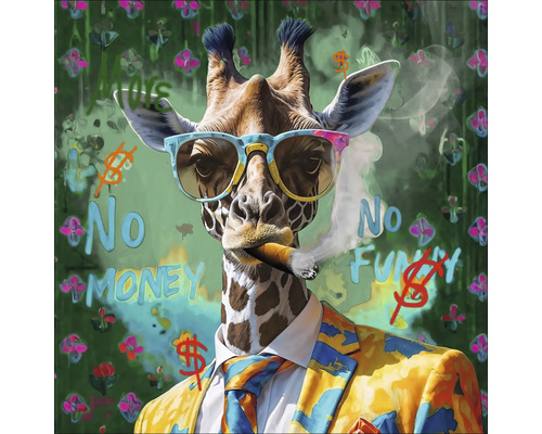 Skleněný obraz Giraffe In A Suit II 50x50cm Grafika žirafy v obleku, brýlích a s doutníkem na vzorovaném pozadí