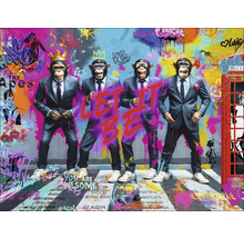 Abstraktní malba s opicemi v oblecích a graffiti v pozadí