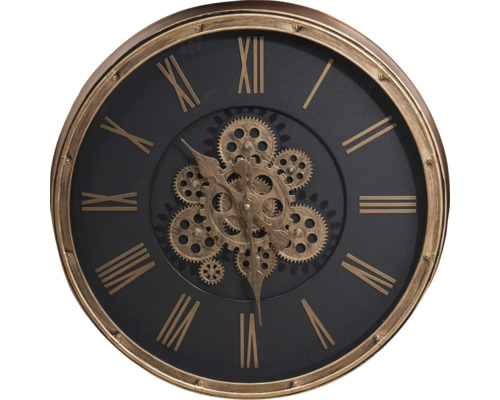 Dekorativní nástěnné hodiny s viditelným hodinovým strojkem a římskými číslicemi