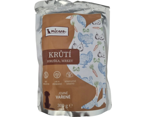 Krmivo pro psy Mixáno jemně vařené KRŮTA 300g Krmivo pro psy Mixano s krůtím masem, hruškou a mrkví v 300gramovém balení
