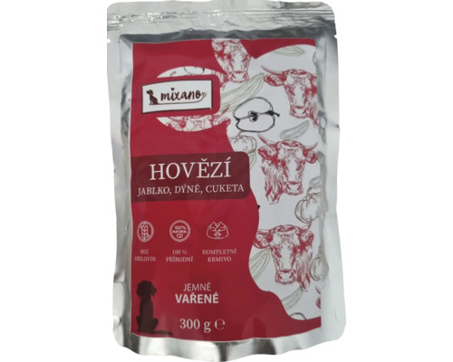Krmivo pro psy Mixáno jemně vařené HOVĚZÍ 300g Balení mokrého krmiva pro psy s hovězím masem, jablkem, dýní a cuketou