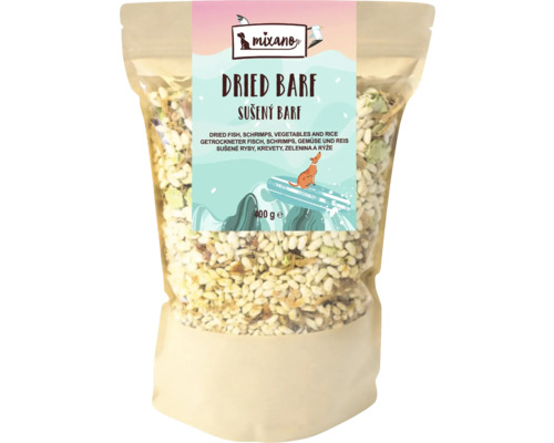 Logo Mixano. Sušené krmivo Barf s rybami, krevetami, zeleninou a rýží, 400 gramů.