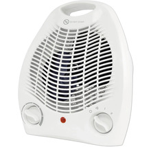 Bílý topný ventilátor s ochrannou mřížkou a otočným knoflíkem