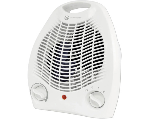 Bílý topný ventilátor s ochrannou mřížkou a otočným knoflíkem