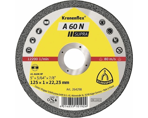 Řezný kotouč Klingspor Ø 125x1x22.2 mm, A60N hliník Brusný kotouč Kronenflex A 60 N Supra, 125 x 1 x 22,23 milimetrů