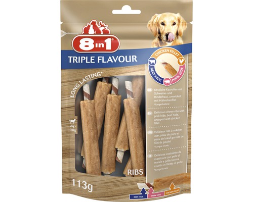 Pamlsek pro psy 8in1 Triple Flavour žebírko žvýkací 6 ks 8in1 Triple Flavour Ribs, psí pochoutka s vepřovou, hovězí kůží a kuřecím filetem, 113 gramů