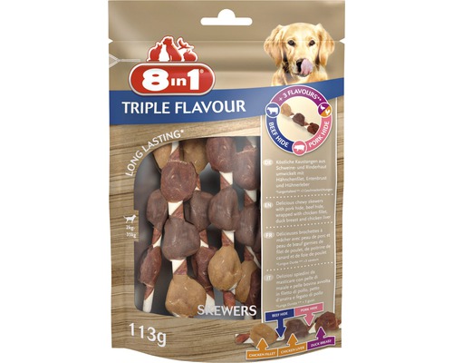 Pamlsek pro psy 8in1 Triple Flavour špíz žvýkací 6 ks 8in1 Triple Flavour psí pamlsky špízy, 113 gramů