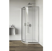 Rohová sprchová kabina v koupelně s bílými obklady