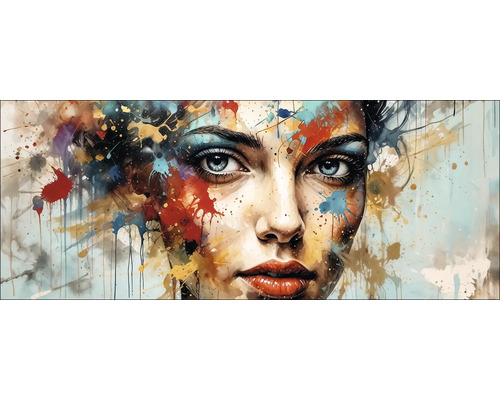 Skleněný obraz Colorful Woman Portrait IV 50x125cm Malba ženy s cákanci barvy