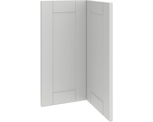 Rohový pohled na dvě kuchyňská dvířka v kazetovém stylu