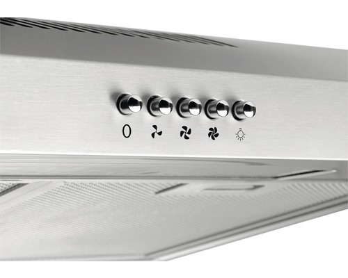 Nerezová digestoř s ovládacími knoflíky pro ventilátor a světlo