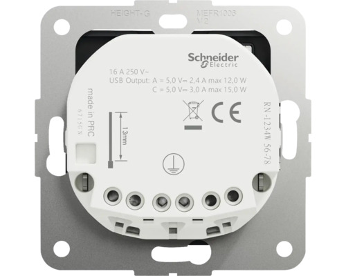 Zadní strana nabíječky USB Schneider Electric s 16 ampéry a 250 volty