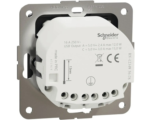 Logo Schneider Electric USB zásuvka s označením CE a symbolem likvidace