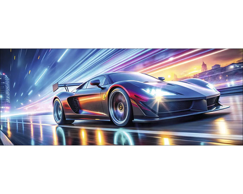 Skleněný obraz Neon Car III 50x125cm Sportovní vůz rychle jede po silnici ve městě