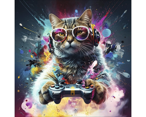 Skleněný obraz Gaming Cat 50x50cm Kočka se sluchátky a brýlemi držící ovladač