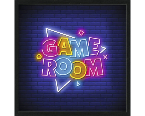 Obraz v rámu slim Scandic Game Room II 53x53cm Dekorativní zarámované nástěnné umění s nápisem „Game Room“ v neonovém stylu na pozadí cihlové zdi