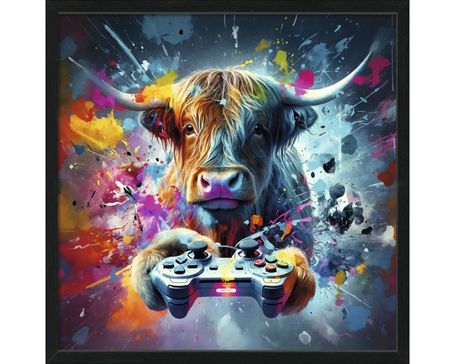 Obraz v rámu slim Scandic Gaming Cattle 53x53cm Zarámovaný obraz krávy s herním ovladačem před pozadím s cákanci barvy