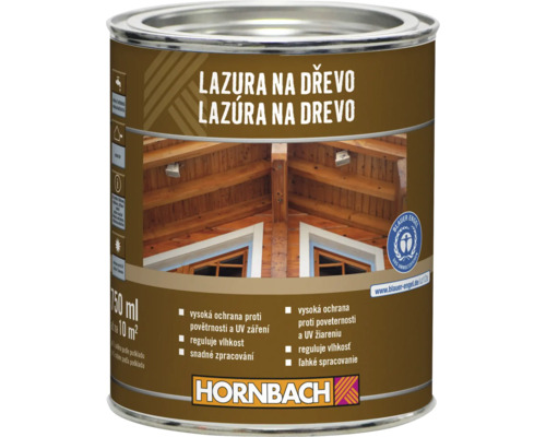 Lazura na dřevo v plechové dóze s logem Hornbach a environmentální značkou Modrý anděl