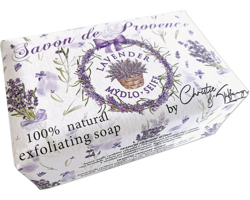 Balené levandulové peelingové mýdlo s nápisem Savon de Provence.