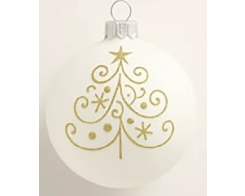 Vánoční ozdoba koule skleněná motiv stromku Ø 8 cm bílá Vánoční koule s motivem vánočního stromku