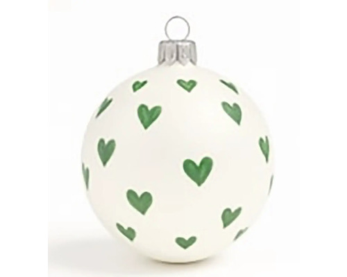 Vánoční ozdoba koule skleněná motiv srdíček Ø 8 cm bílá Vánoční ozdoba s motivy srdce