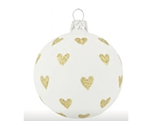 Vánoční ozdoba koule skleněná motiv srdíček Ø 8 cm bílá Vánoční koule se srdečními motivy