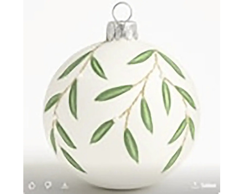 Vánoční ozdoba koule skleněná motiv větviček Ø 8 cm bílá Vánoční ozdoba s motivem listů