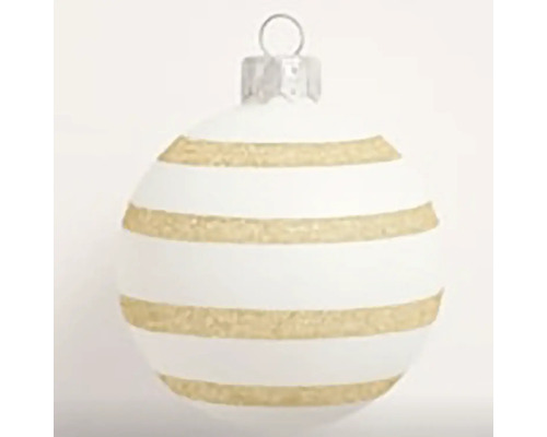 Vánoční ozdoba koule skleněná motiv proužků Ø 8 cm bílá Vánoční koule s pruhy