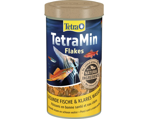 Tetra Logo na dóze vločkového krmiva TetraMin s přírodními ingrediencemi, bez konzervantů, pro zdravé ryby a čistou vodu.
