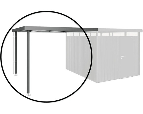 Detailní pohled na kovový přístřešek pro auto s podpůrnými sloupky