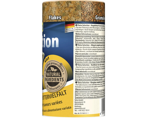 Krmivo pro okrasné ryby Tetra Selection s vločkami a granulemi, logo Made in Germany a pečeť pro přírodní složky bez konzervantů.