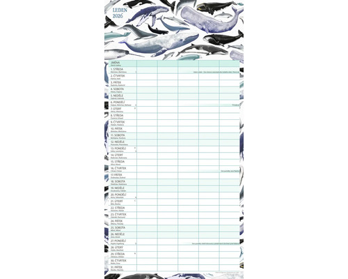 Rodinný plánovač leden 2026 s motivy velryb