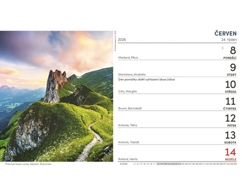 List kalendáře červen 2026 s horskou krajinou