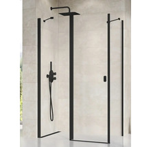 Sprchový kout s černým rámem a armaturami