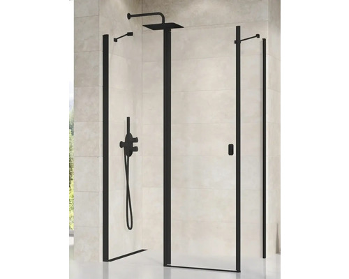 Sprchový kout s černým rámem a armaturami