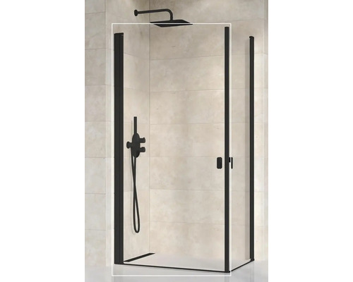 Moderní sprchový kout s černým rámem a skleněnými stěnami