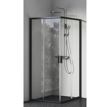 Rohová sprcha s černým rámem a sprchovou soupravou