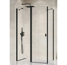 Sprchový kout s černým rámem a armaturami