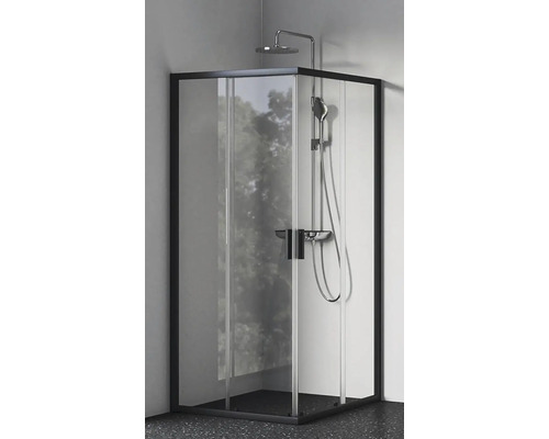 Sprchový kout s rohovým vstupem RAVAK Blix II 90 x 90 cm barva rámu černá dekor skla čiré sklo 1LM70300Z1 Sprchový kout s sprchovou baterií a posuvnými dveřmi