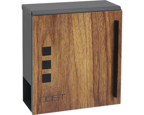 Ocelová schránka BK.501.GW.WO s okénky z čirého plexiskla a tubusem na tiskoviny Poštovní schránka s dřevěným dekorem a průhlednými okénky