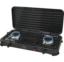 Přenosný plynový vařič se dvěma hořáky a grilem