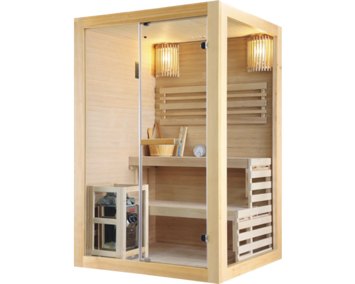Sauna s dřevěným vybavením a skleněnou přední stranou