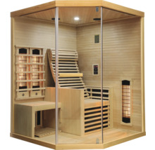 Infračervená sauna se skleněnou přední stranou a dřevěným interiérem.
