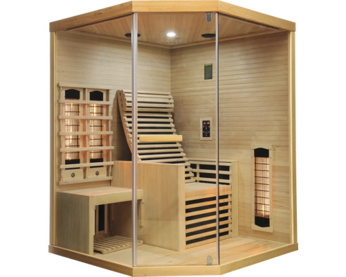 Infračervená sauna se skleněnou přední stranou a dřevěným interiérem.