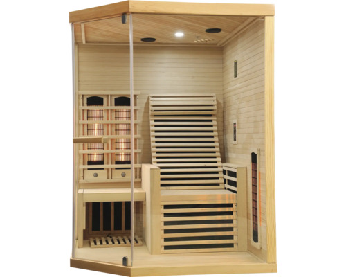 Vnitřní sauna s dřevěnými lavicemi a infračervenými zářiči