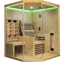 Interiér dřevěné infrasauny se skleněnou přední stranou a lehátky