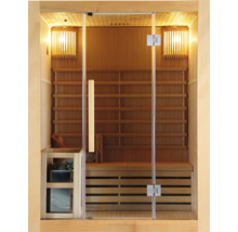 Dřevěná sauna se skleněnými dveřmi a osvětlením